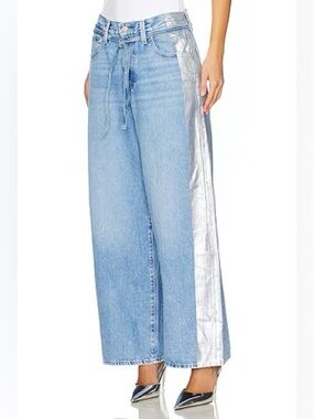 Levi's Blue Denim Wide-Leg Jeans with Silver Side Panels and Tie Belt